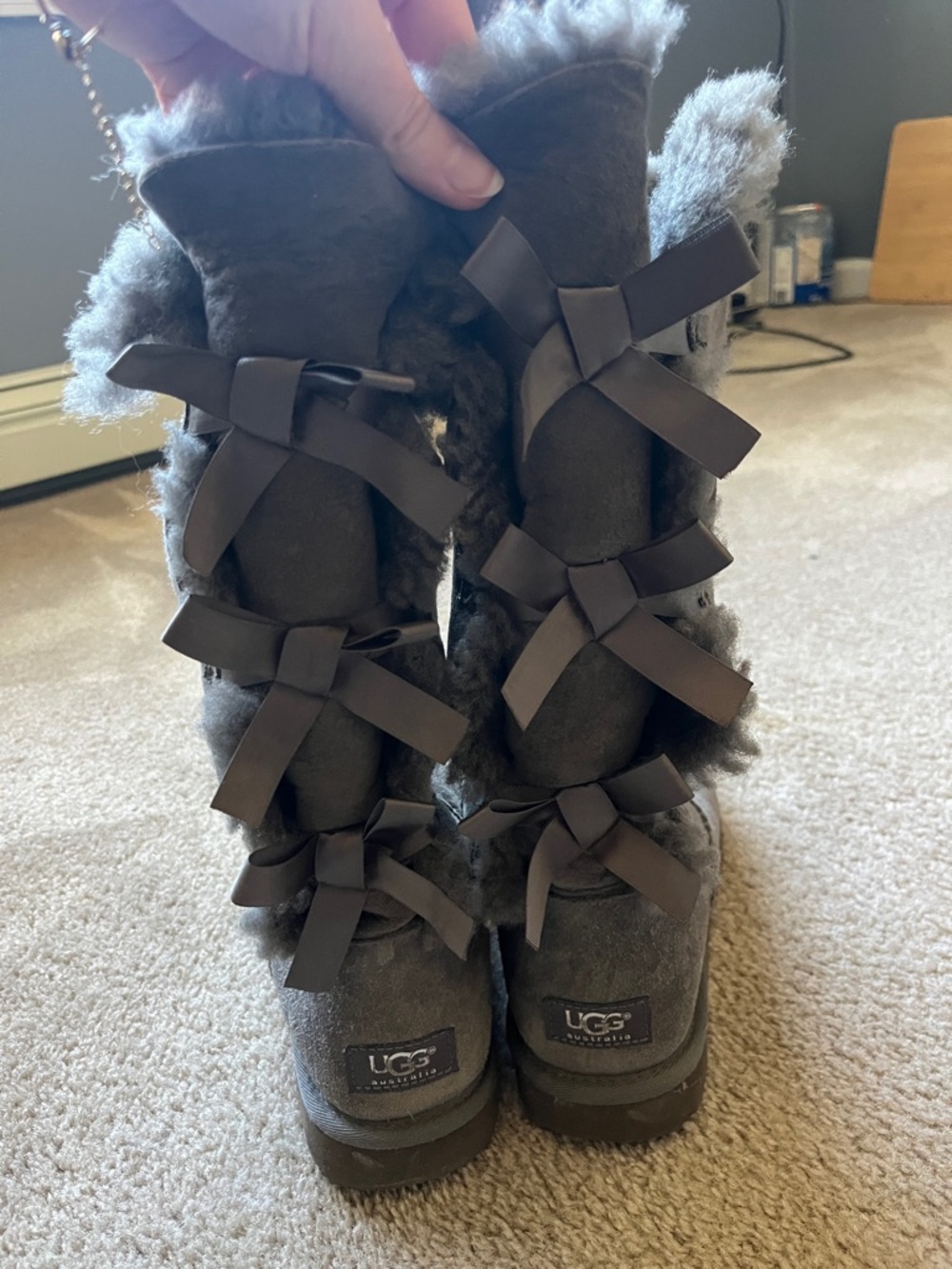 UGG Tall Bow-Back Shearling Boots in Charcoal Gray